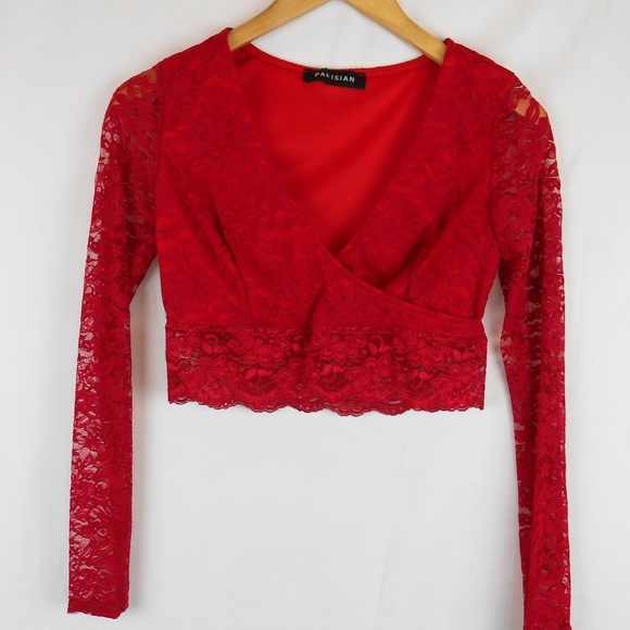 πRed Lace Sleeve CropTop - Picture 7 of 8
